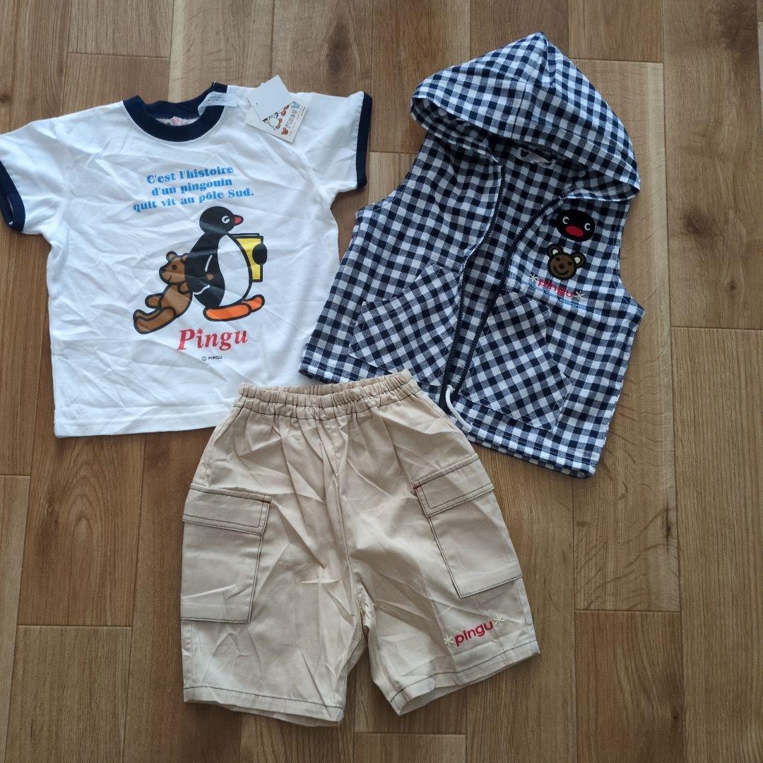 Pingu チェック柄フード付きベスト・Ｔシャツ・ショートパンツセット　ピングー