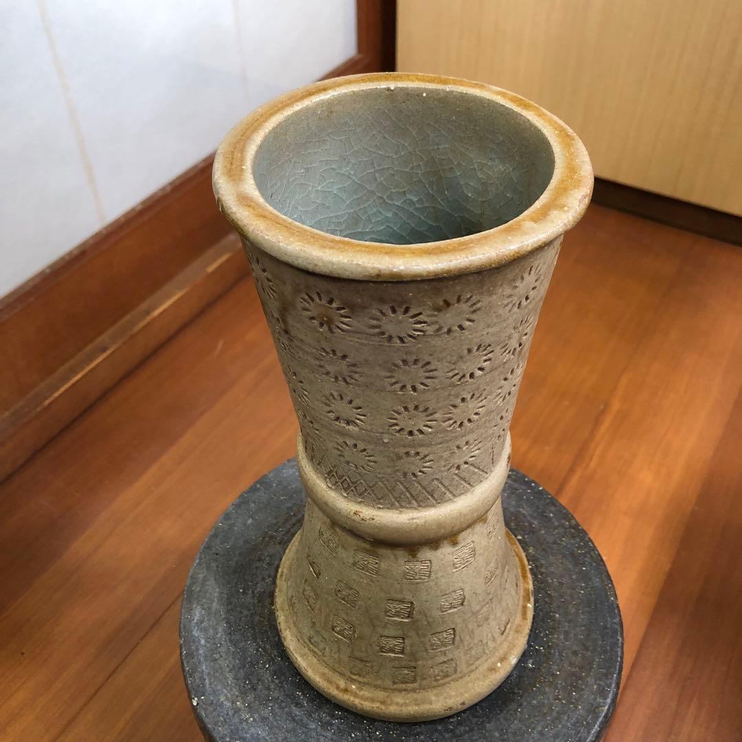 古来ギリシャの様な立鼓形花入れ 花器 海のような水色 日本伝統工芸品 焼きもの