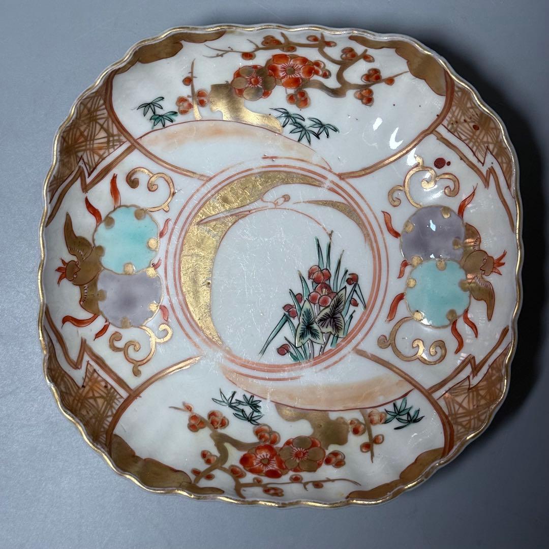 古伊万里　色絵　金蘭手　白鷺文様　梅文様　菊花四角形　膾皿　5個　器を楽しむ