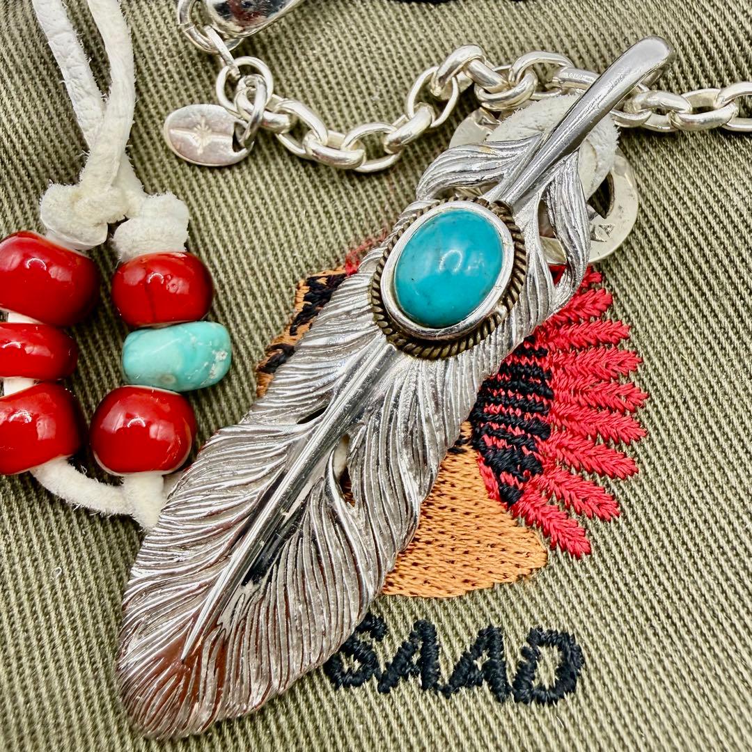 美品　SAAD ターコイズ付きフェザー　ホイール、フックネックレスセット
