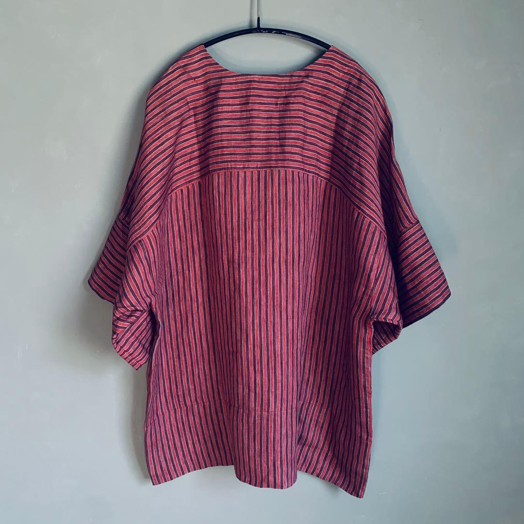ACNE STUDIOS リネン ストライプ ワイド ブラウス アクネ ボルドー