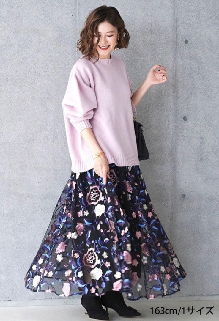 美品✨OBLI オブリ ピンクチュールスカート フレア 花柄 刺繍 M