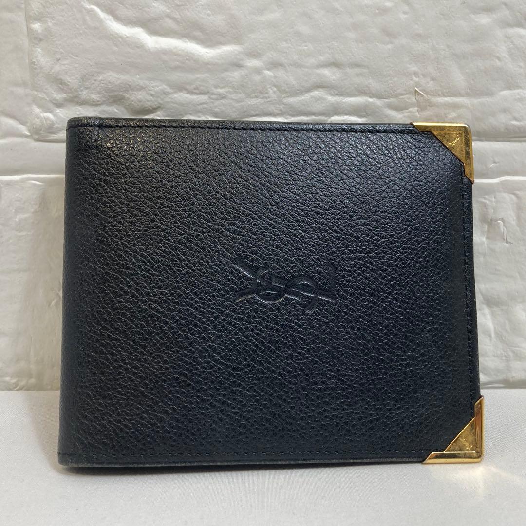 【美品】イヴ・サンローラン　二つ折り財布 カサンドラ　ロゴ　ブラック　レザー