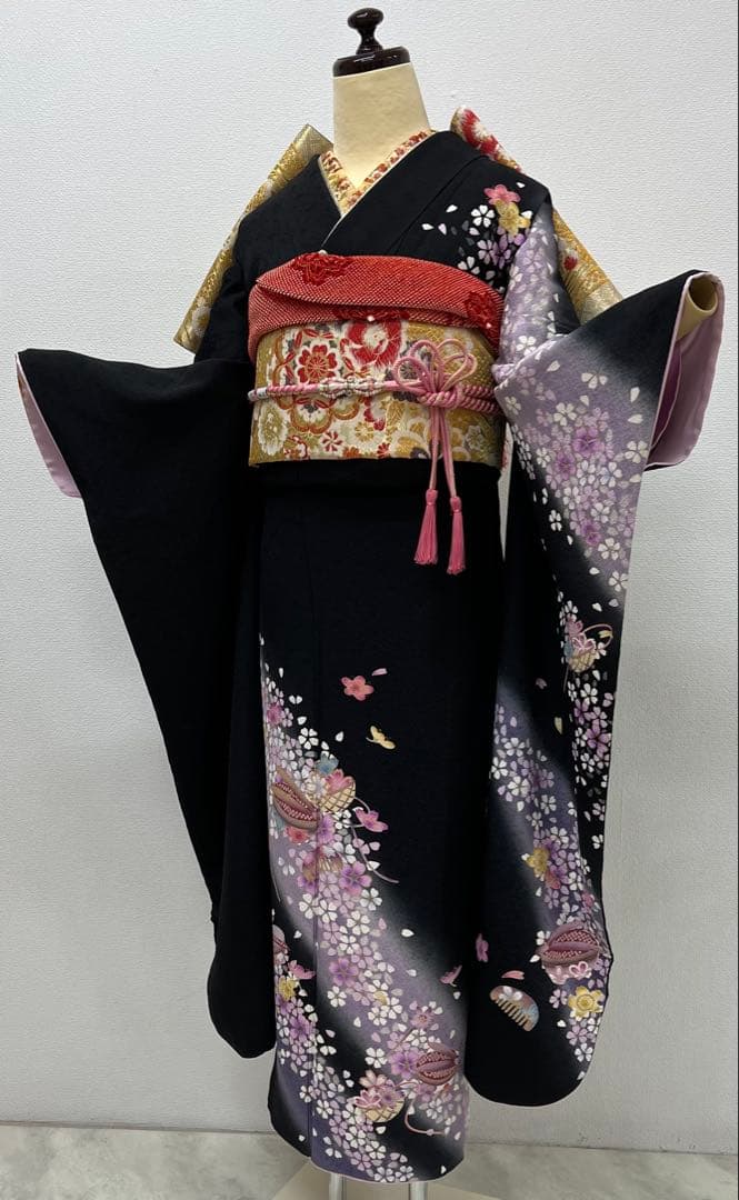 振り袖　フルセット　別誂長襦袢　成人式　金彩加工　刺繍入り　黒　刺繍半襟　803
