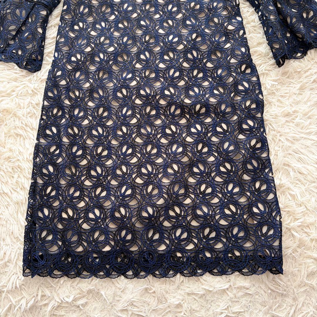 【美品✨】EPOCA 総レース ワンピース 袖フリル ドレス ネイビー 38 M