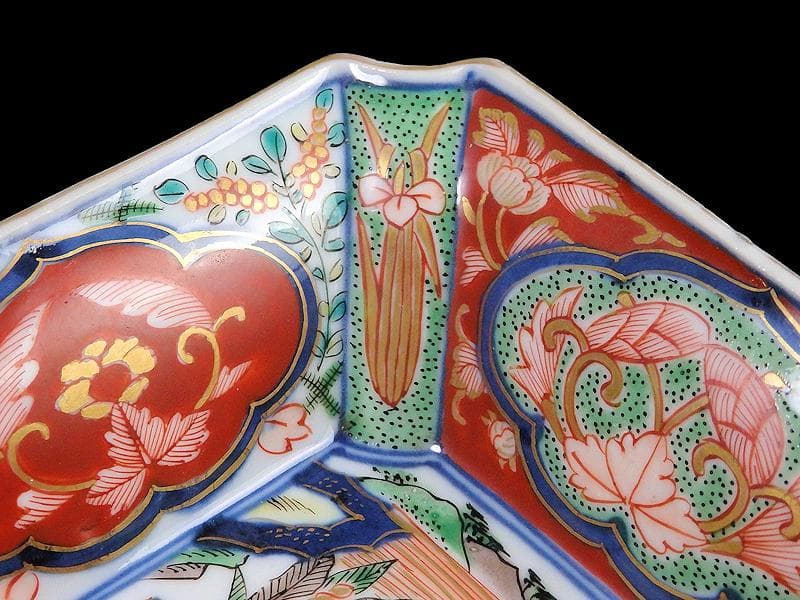 大聖寺伊万里　金襴手　芭蕉葉に唐人の図　四方角向付　B346AS-fbsr