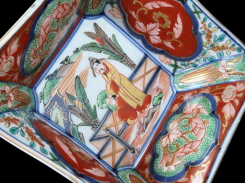 大聖寺伊万里　金襴手　芭蕉葉に唐人の図　四方角向付　B346AS-fbsr