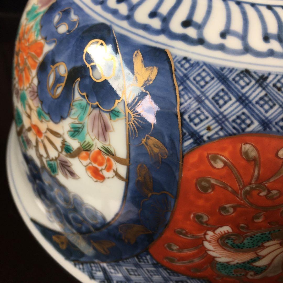 古伊万里　金蘭手染錦　深鉢　山水文橘に獅子の図　雲　車紋　染錦大鉢