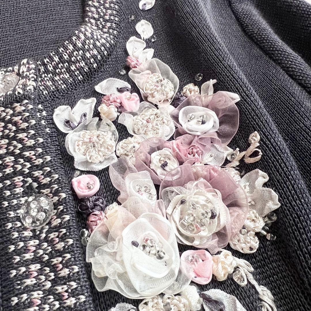 アトリエサガン　リネン　日本製　お花　ビーズ　刺繍　カーディガン　L