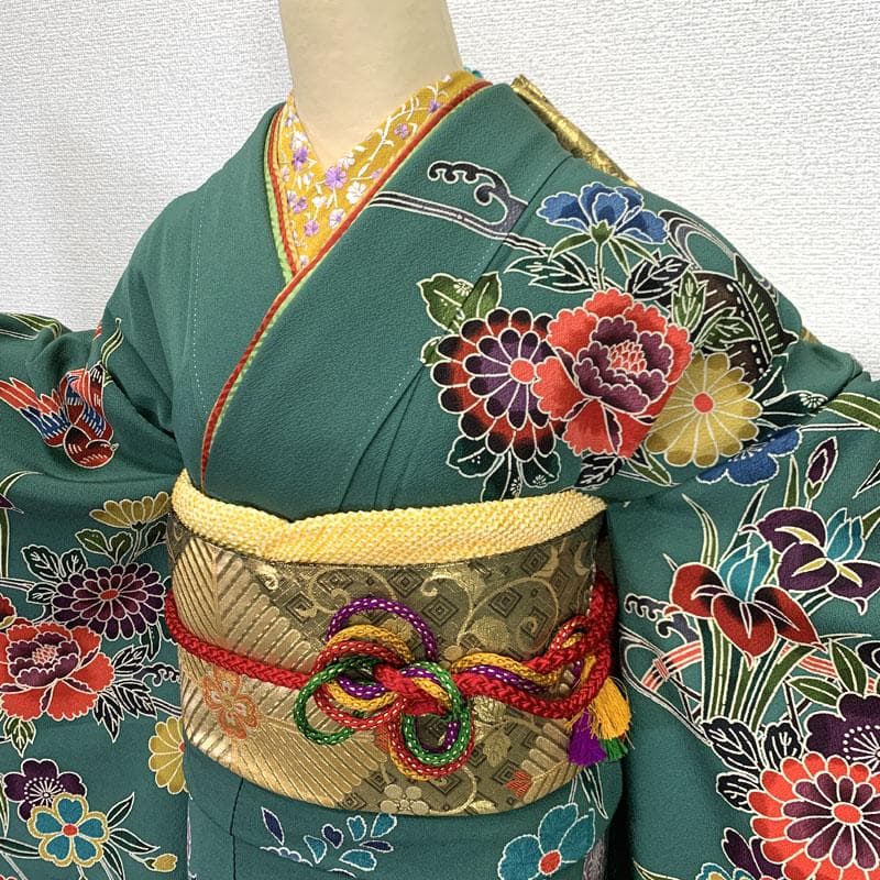 601z22,208y8,小物類〇紅型振袖 牡丹 菖蒲 菊 桜 緑