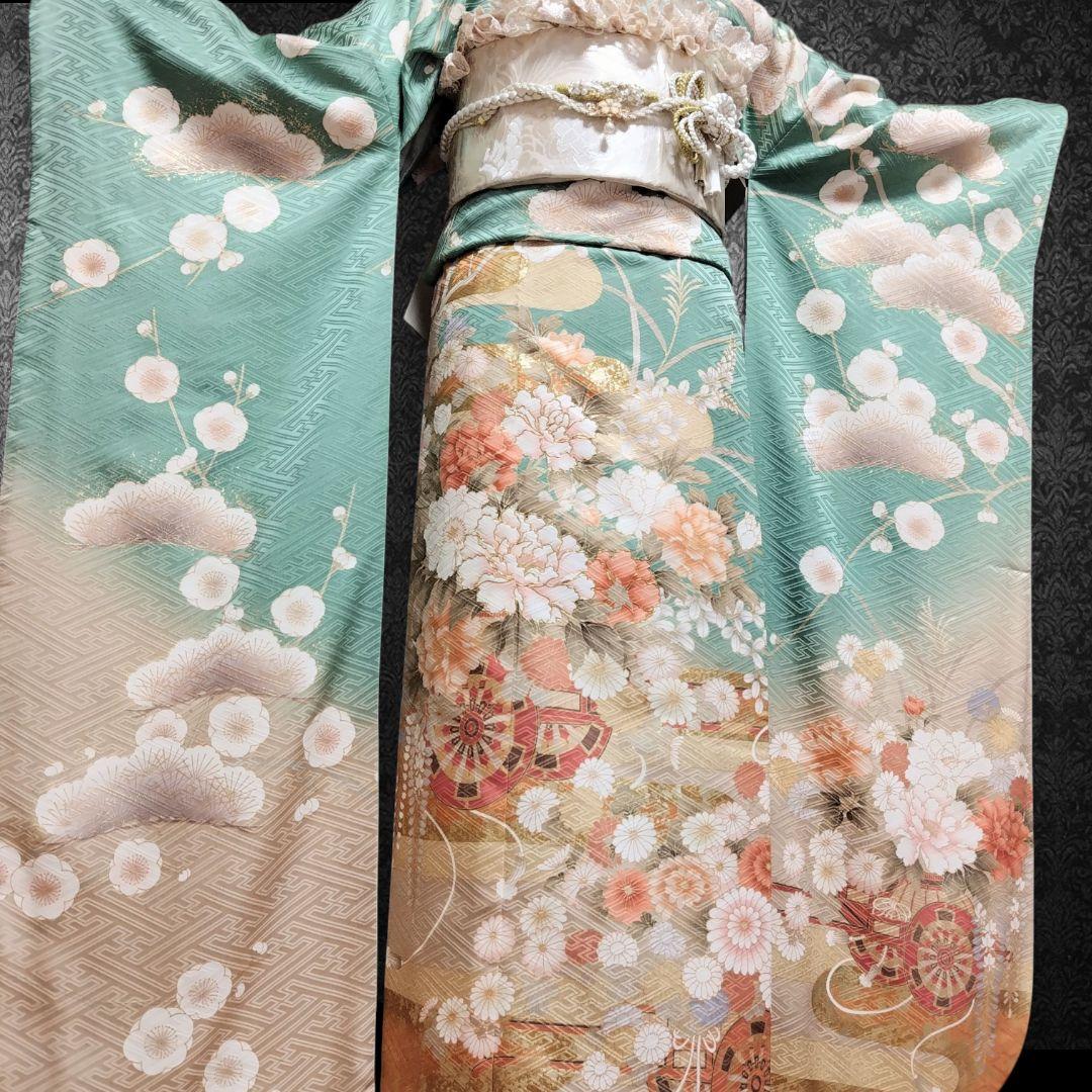 振袖フルセット(8点)・成人式・金駒刺繍・牡丹・ミントグリーン・くすみカラー