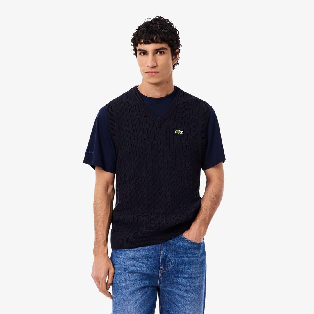 美品 XL ラコステ ケーブルニット Vネック ベスト LACOSTE ネイビー