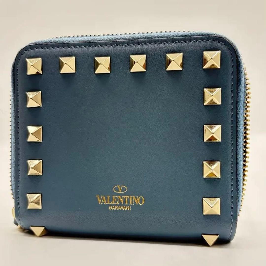 VALENTINO GARAVANI スタッズ レザー 二つ折り財布 ブルー