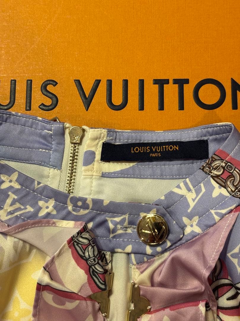#美品Louis Vuitton フリル付きモノグラムひざ丈ワンピース#L