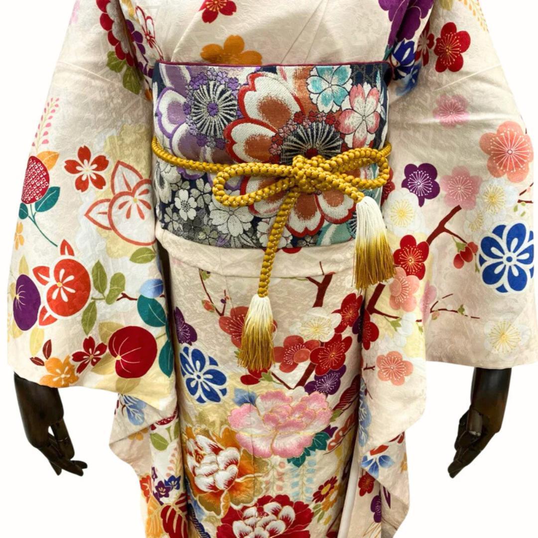 【美品】振袖セット 成人式 正絹 古典柄 振袖 ベージュ 172 ●