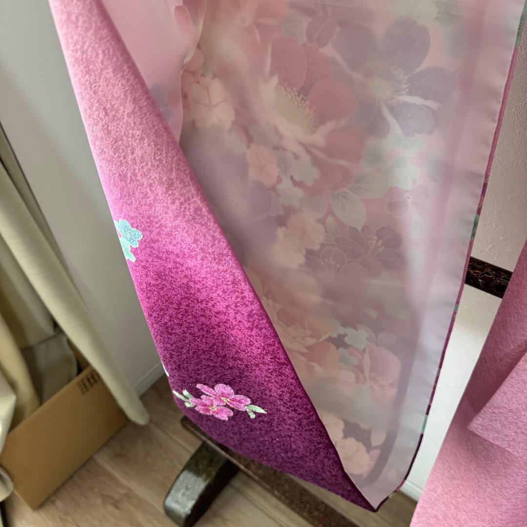 超美品　現代　振袖　成人式　着物　172裄68　ピンク　赤紫　花柄　ラメ　桜