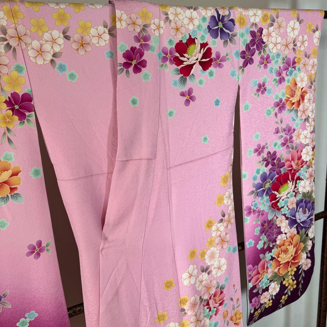 超美品　現代　振袖　成人式　着物　172裄68　ピンク　赤紫　花柄　ラメ　桜