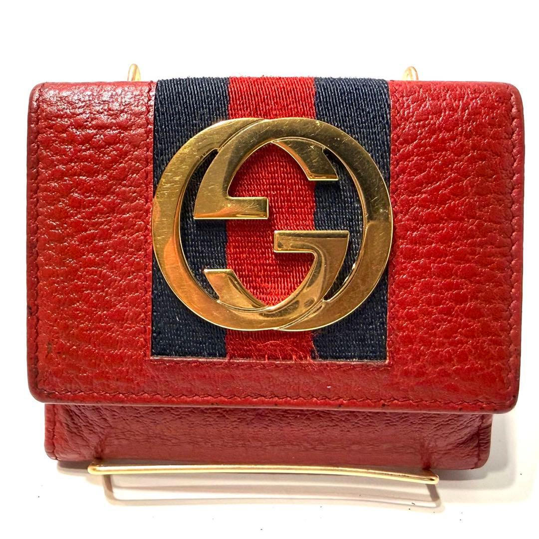 美品 グッチ　二つ折り　シェリーライン　インターロッキング 小銭入れ　金具 赤