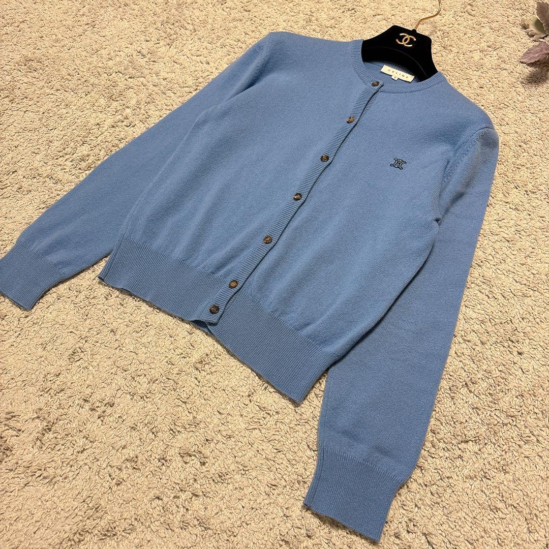 美品】セリーヌ カシミヤ100%カーディガン ワンポイントロゴイタリア製空色 S